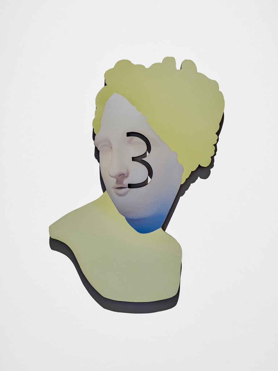 A two-dimensional bust of a figure looking to the left, with yellow hair and torso. The number three is cut-out from the figure's white and blue face.