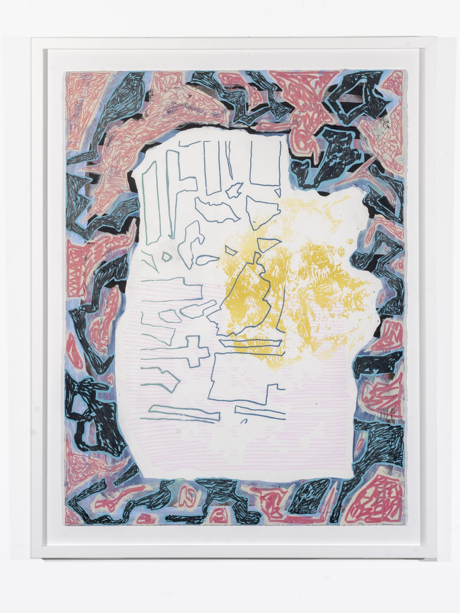 Horizontal pale pink lines, blue outlines of abstract shapes, and a field of gold cover a white field. Framing the white space are jazzy shapes in black, red, and sky blue.