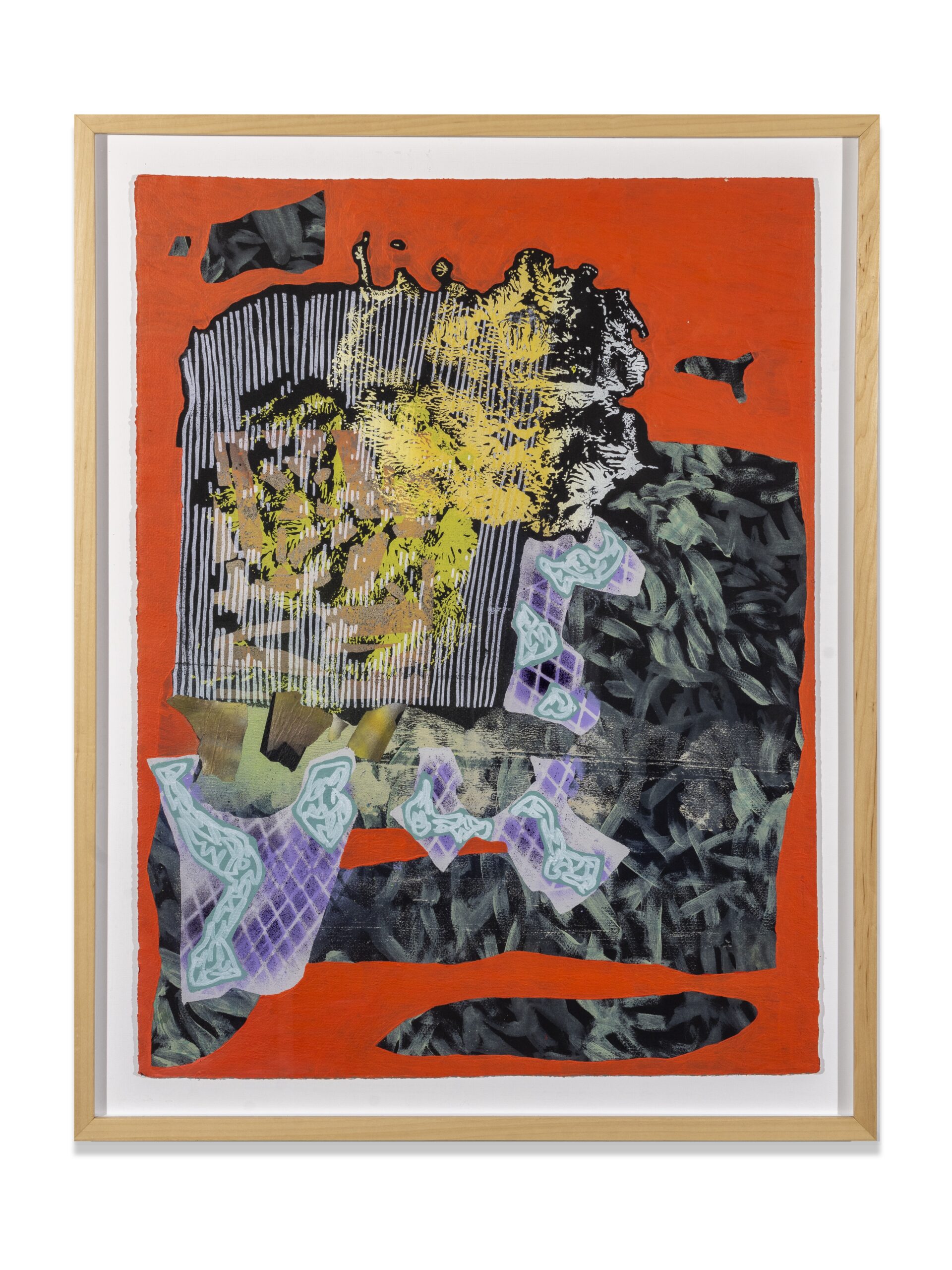 An abstract painting with a bright red-orange base. Other elements include narrow white lines, gray-green smudges from a distance look like leaves, and chain-like light blue lines.