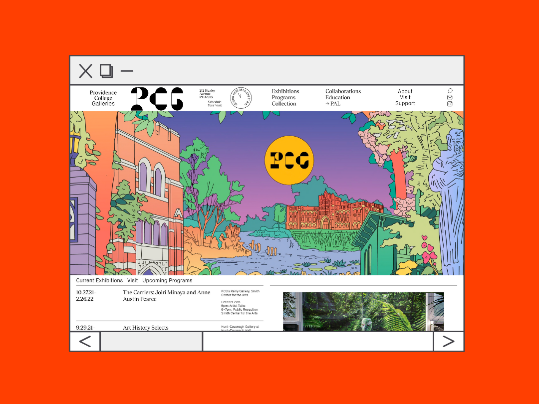 A view of PCG's website with a red border around the web page. The header image on the page depicts a college campus at night with PCG written across the moon in the sky.