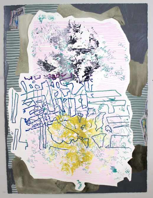 Abstract painting that includes screen printed black and gold elements. Pale pink dominates, rendered in horizontal lines across most of the image. A jumble of blue outlines comprises the center.