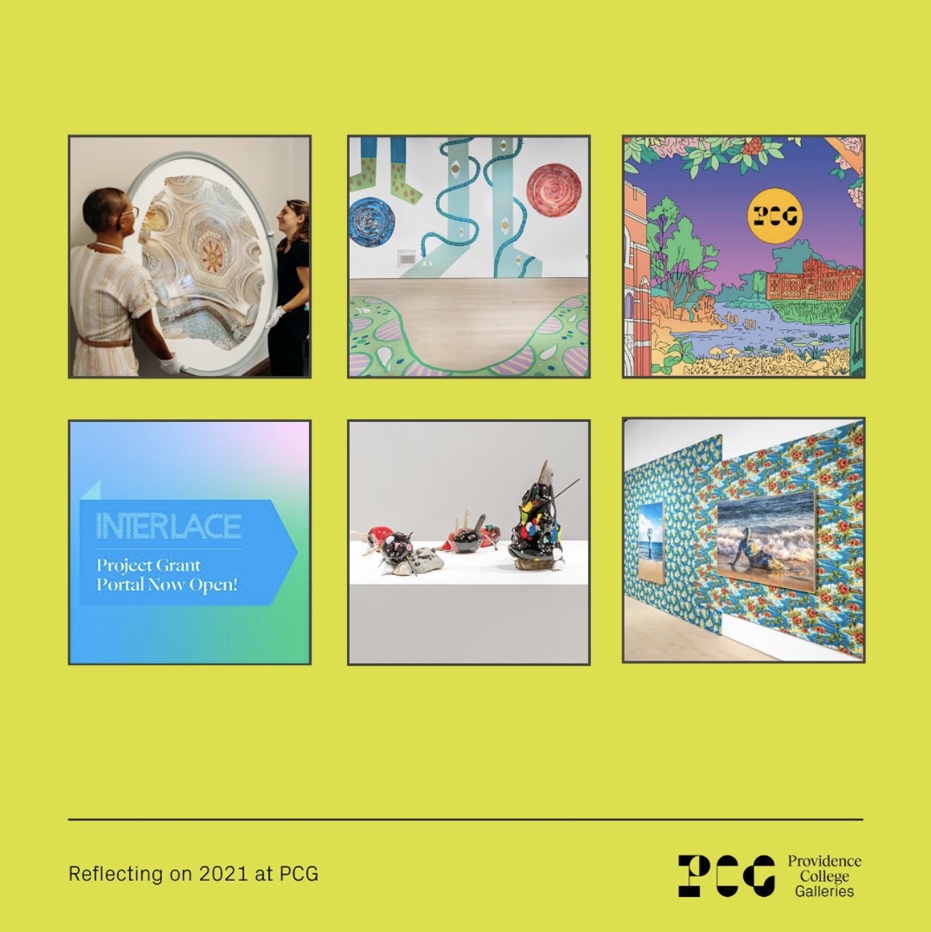 A yellow flyer with boxes arranged neatly in two rows and three columns. Four boxes hold installation views of exhibits, and two hold a drawing of a college campus with PCG written on the moon and a blue box that reads, Interlace: Project Grant Portal Now Open