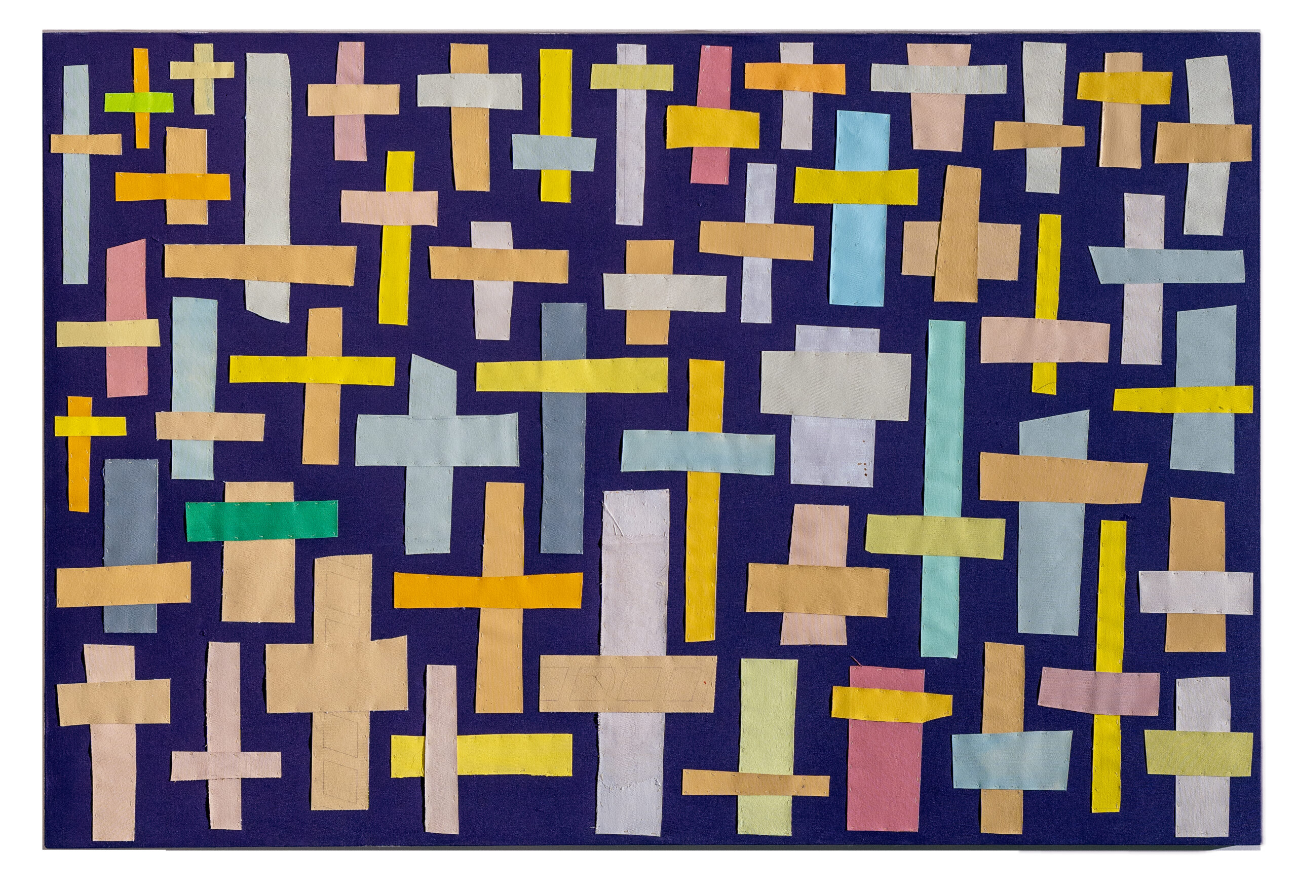 Dozens of crosses of varying sizes fill a dark purple field. The crosses are primarily brown, blue, and yellow, with some grays and pinks also represented.