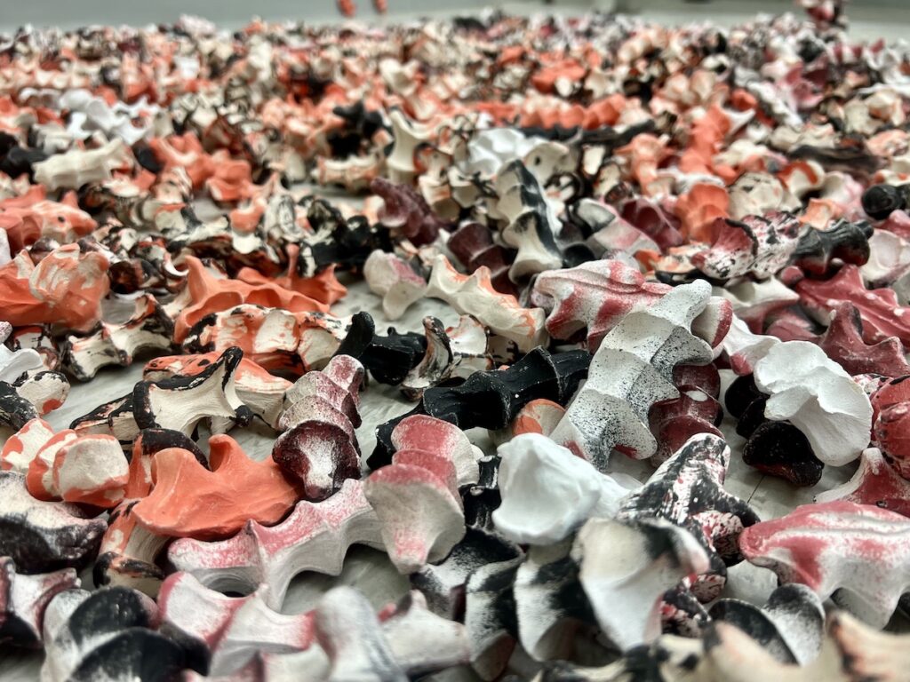 A close up view of 3D abstract shapes receding into space. The shapes are short with wavy edges, all painted different variations of white, red and black.