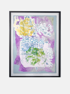 An abstract painting dominated by pinks, blues, grays, and purples. Notable features include pale pink horizontal lines, blue outlines of shapes, and a screenprinted gold shape in the upper left corner.