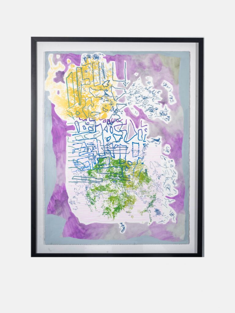 An abstract painting dominated by pinks, blues, grays, and purples. Notable features include pale pink horizontal lines, blue outlines of shapes, and a screenprinted gold shape in the upper left corner.