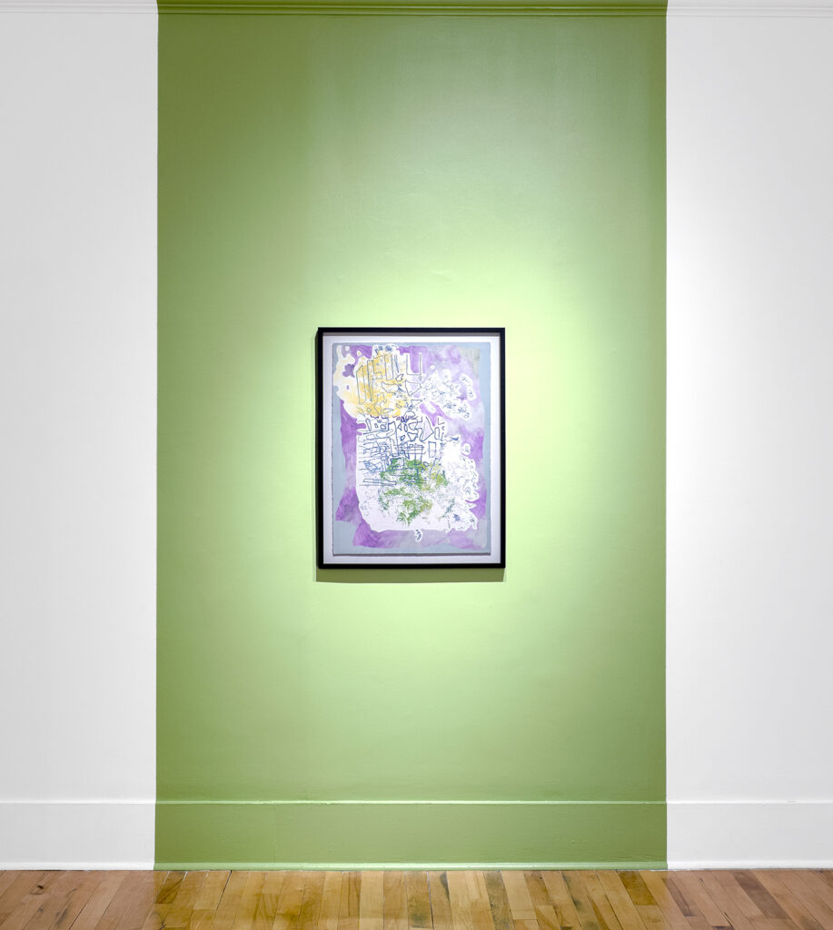 A framed abstract painting with swirling purple, yellow, and green shapes hangs centered on a bright green gallery wall above a wooden floor.