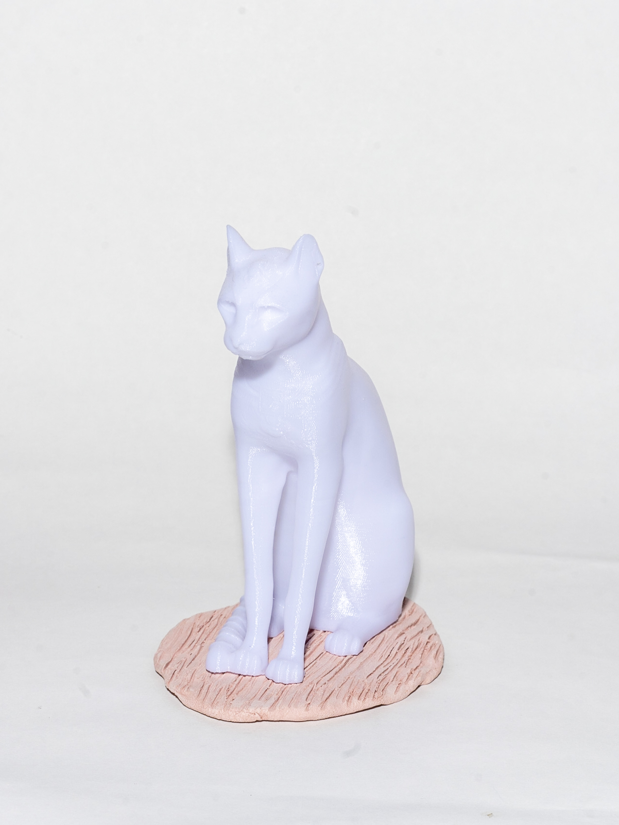 A 3D figure of a cat sits on top of a beige circle of clay carved with lines. The cat is completely white with no detail defining its features.