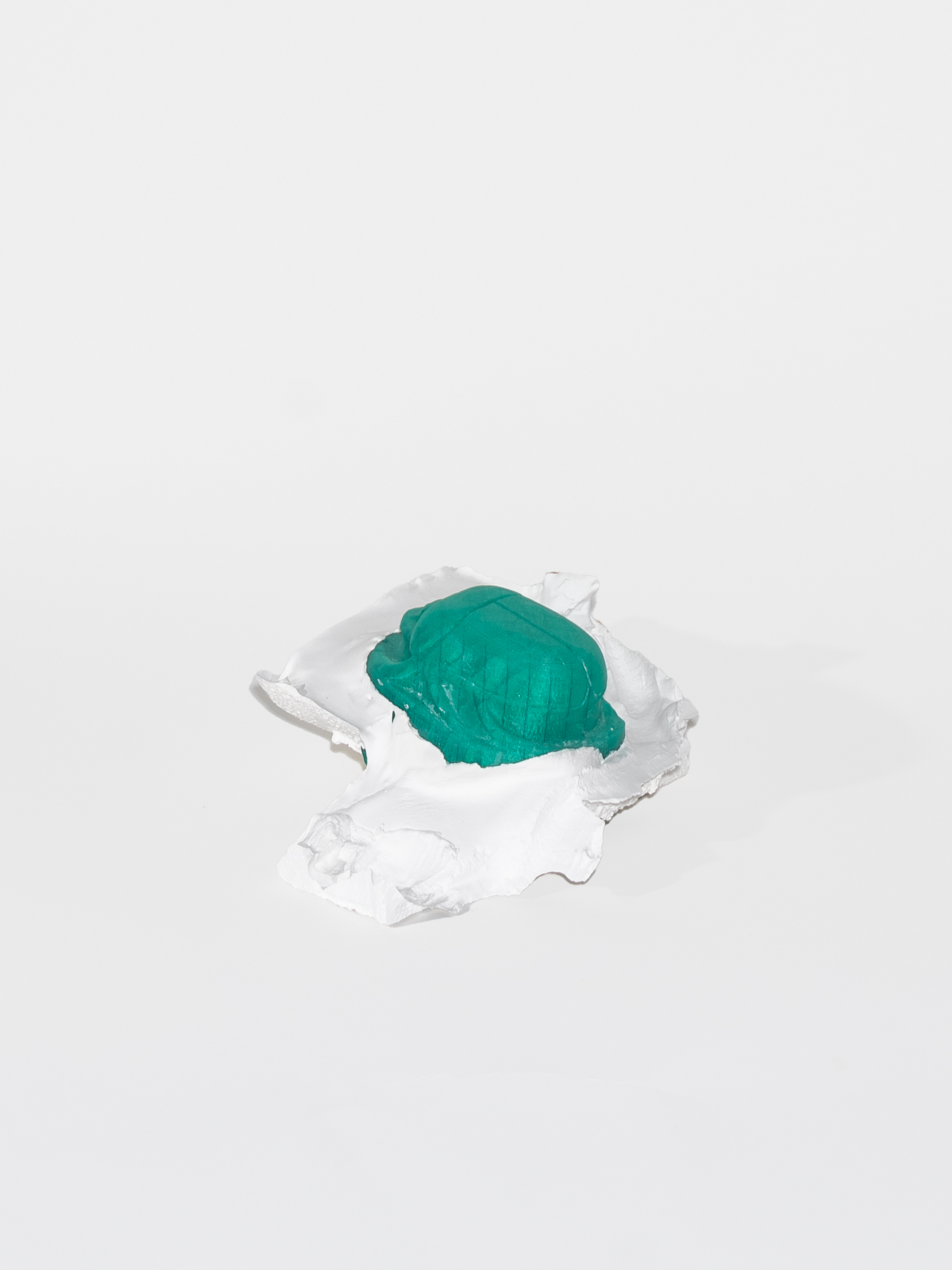 A green organic shape reminiscent of a scarab beetle draped in cloth sits on top of a white abstract 3D form.