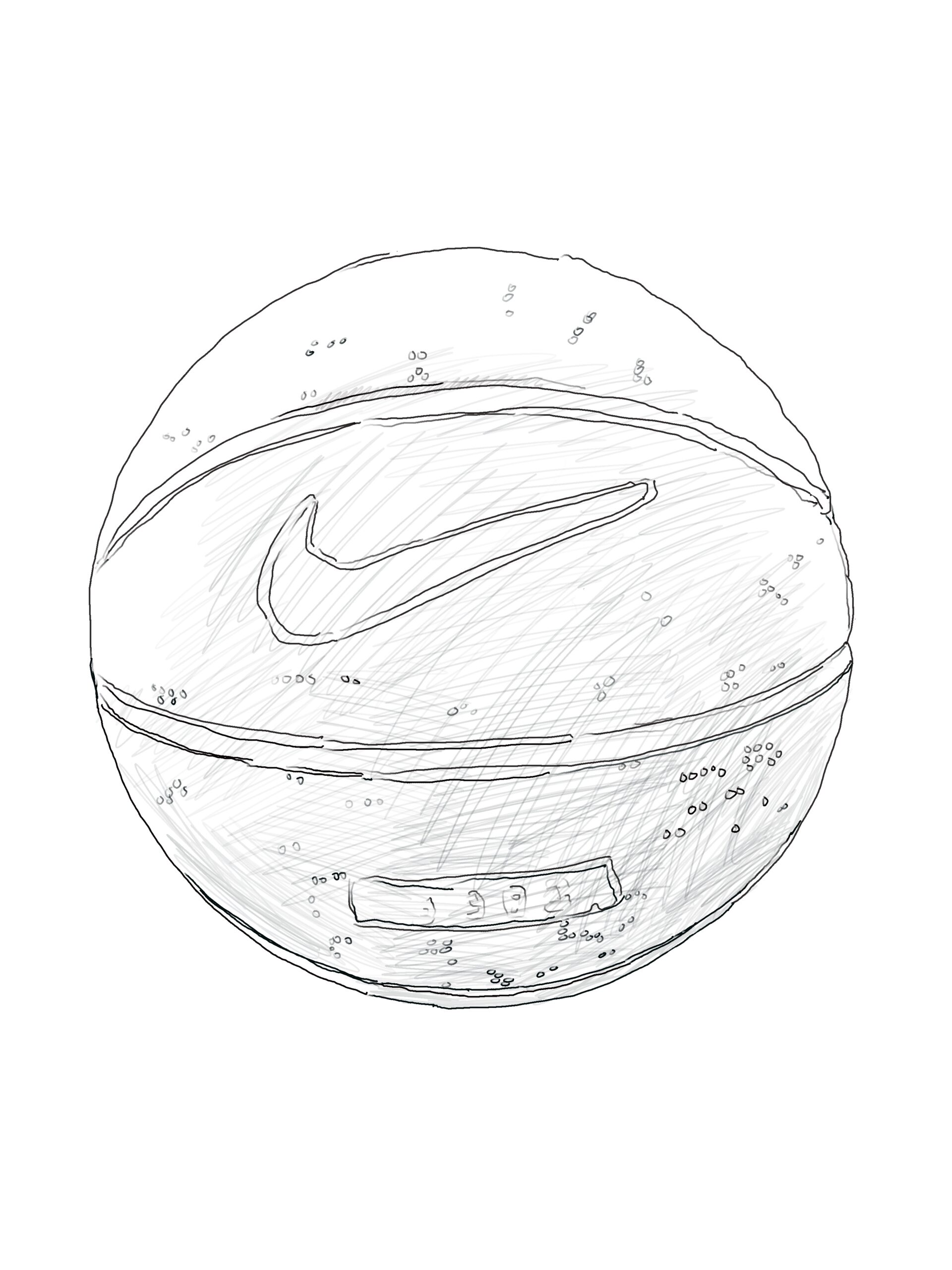 Black and white drawing of a basketball with the checkmark-shaped Nike swoosh logo in the center.