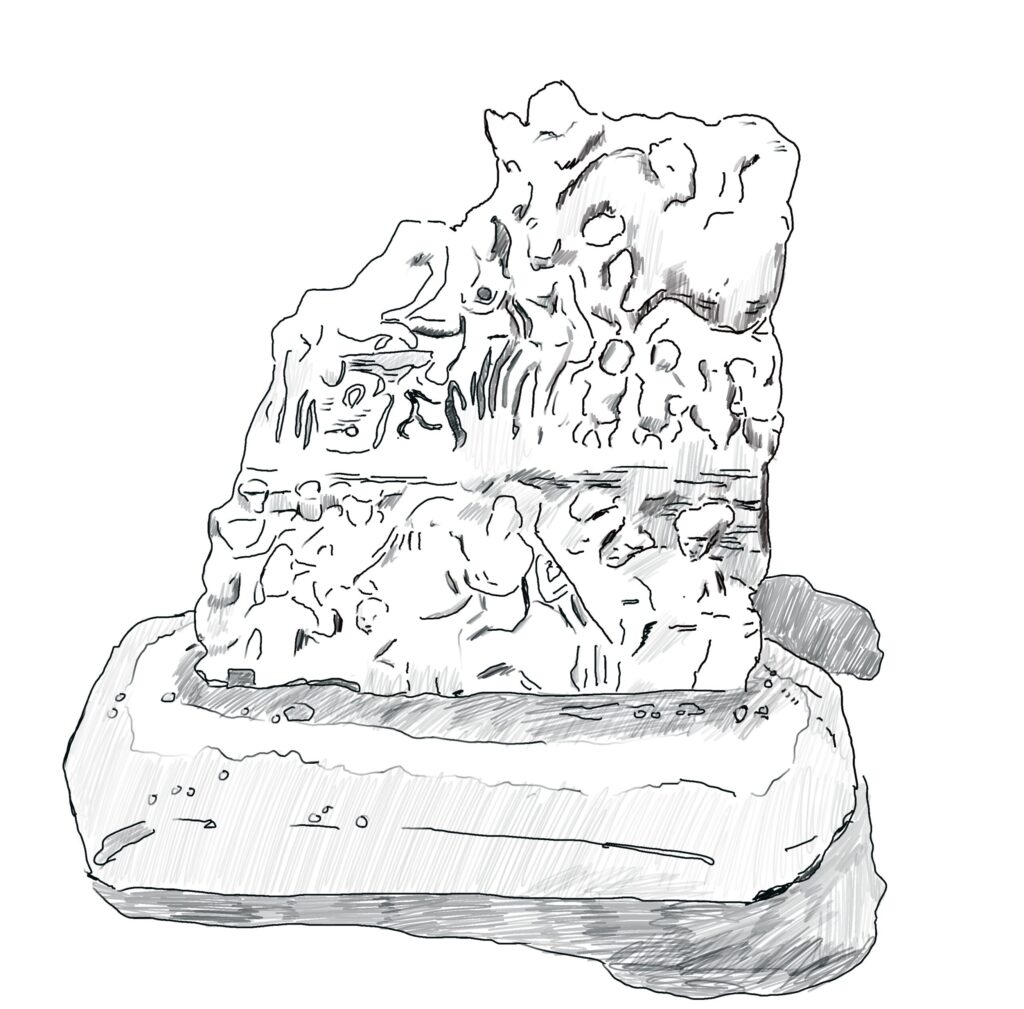 black and white drawing of ancient relief sculpture