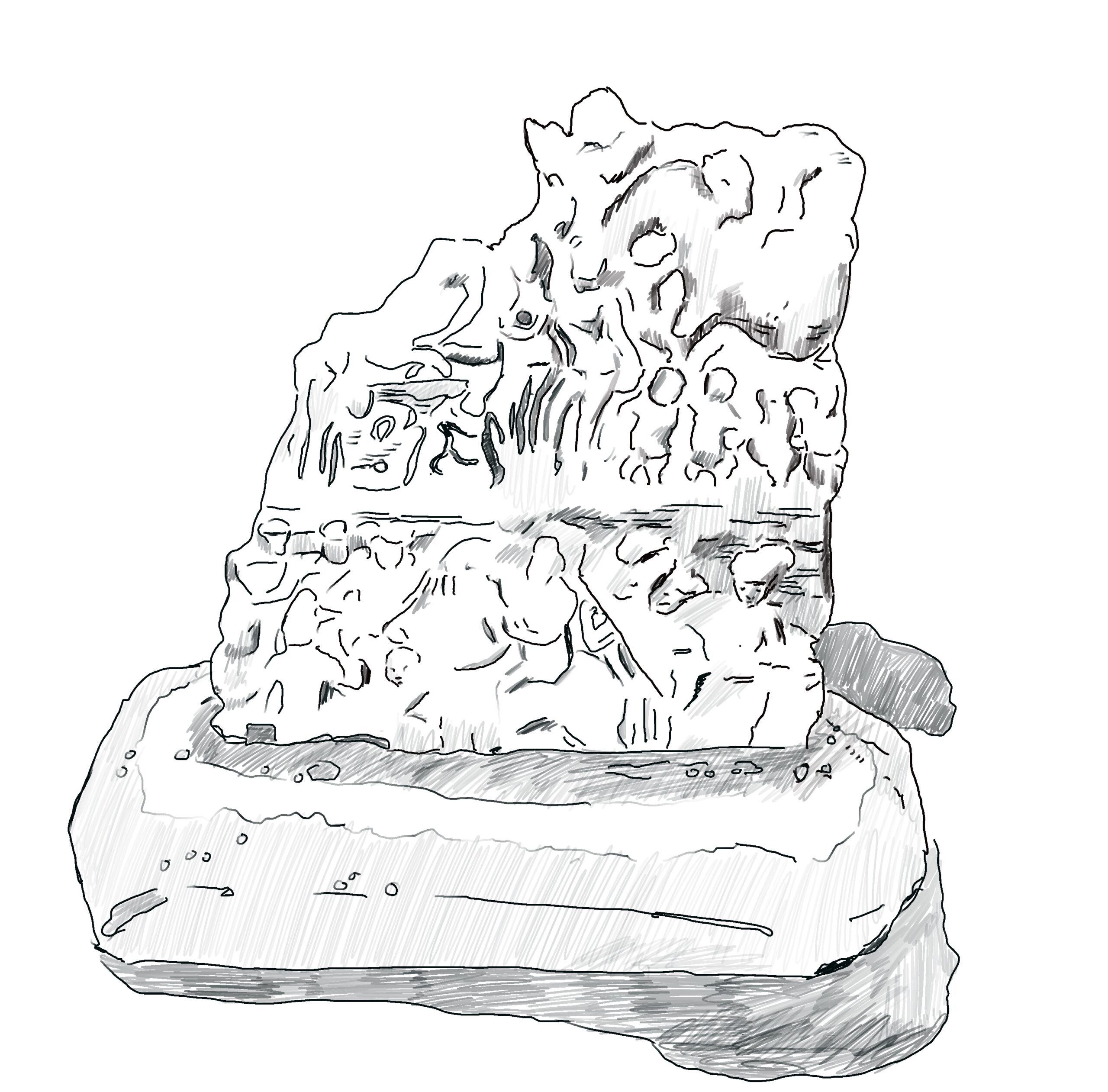 black and white drawing of ancient relief sculpture