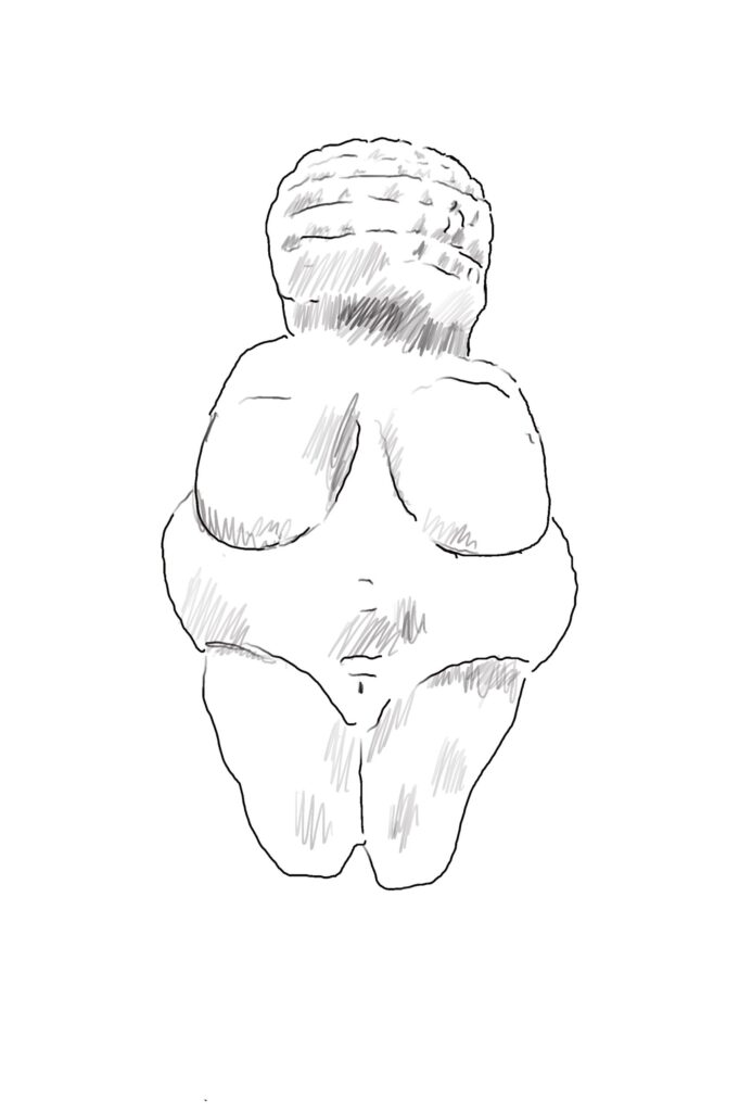 black and white drawing of venus figure
