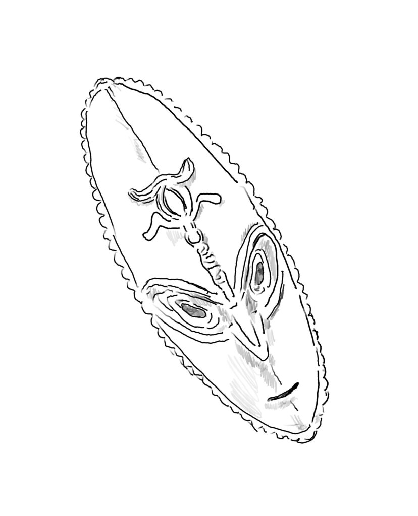 black and white drawing of African mask