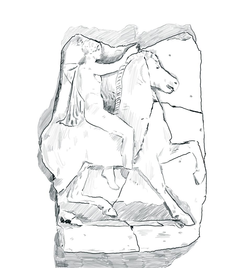 black and white drawing of greek relief sculpture