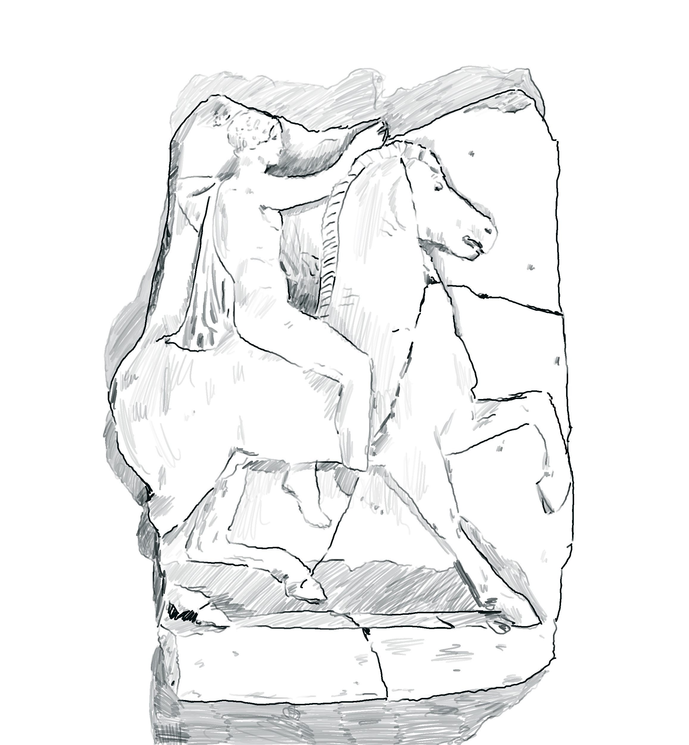 black and white drawing of greek relief sculpture