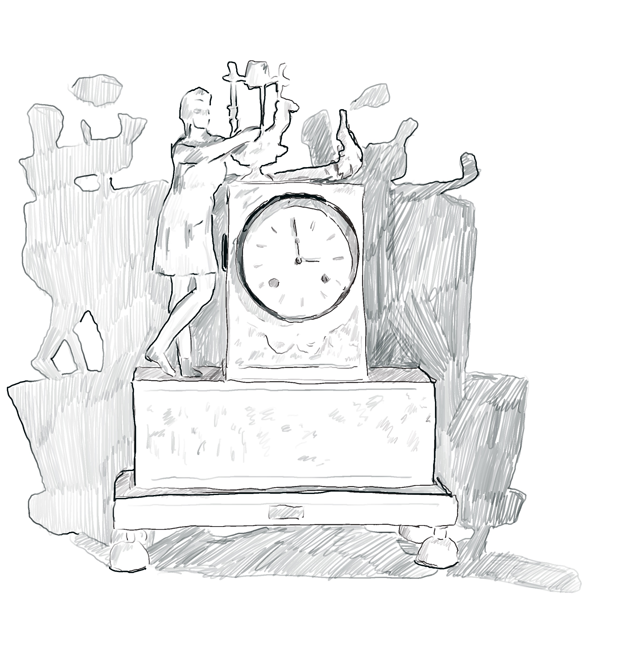 Black and white drawing of an opulent ormolu clock. Details include a figure standing to the viewer’s left who leans against the clock face, which shows the time as 3:00.