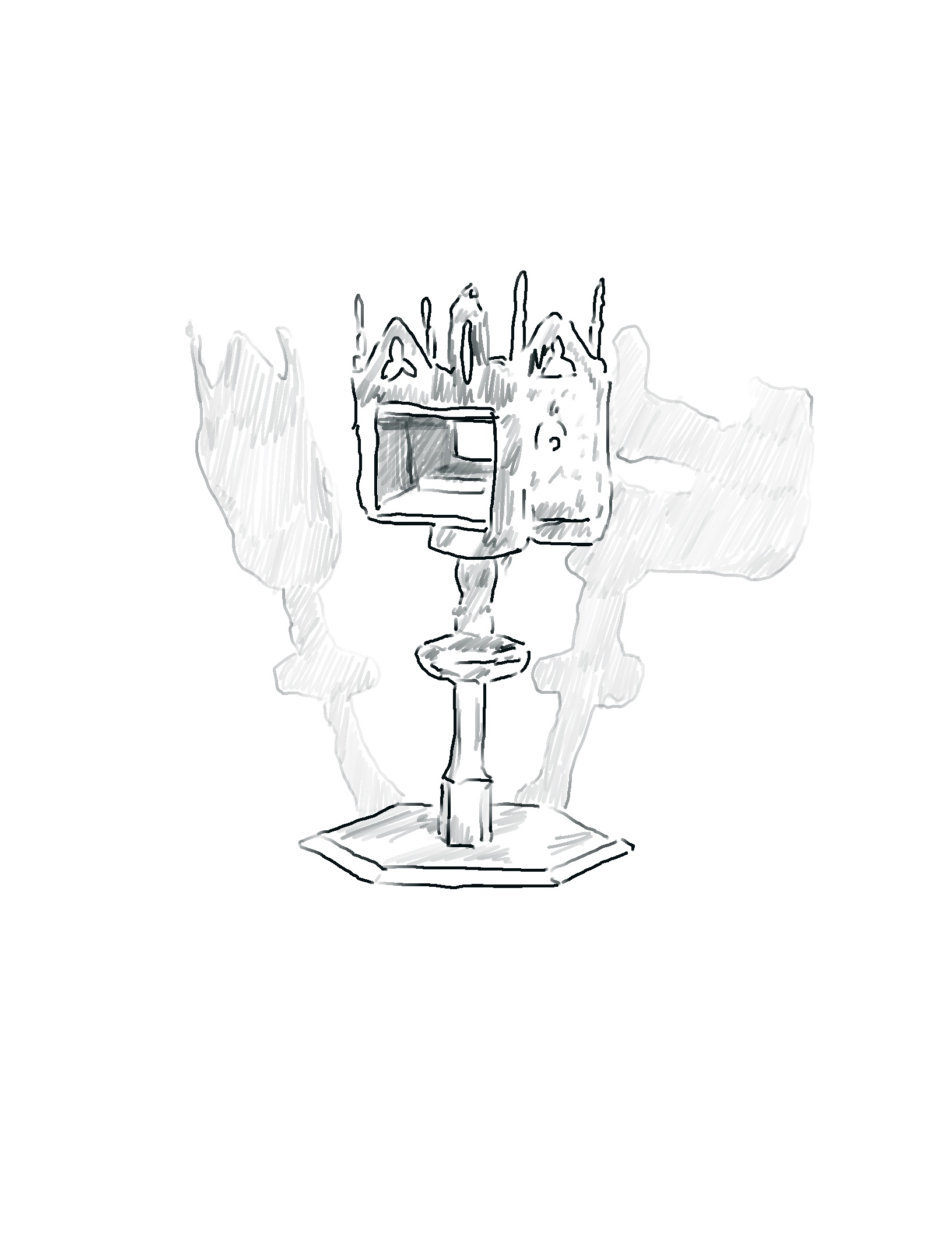 black and white drawing of ornate reliquary