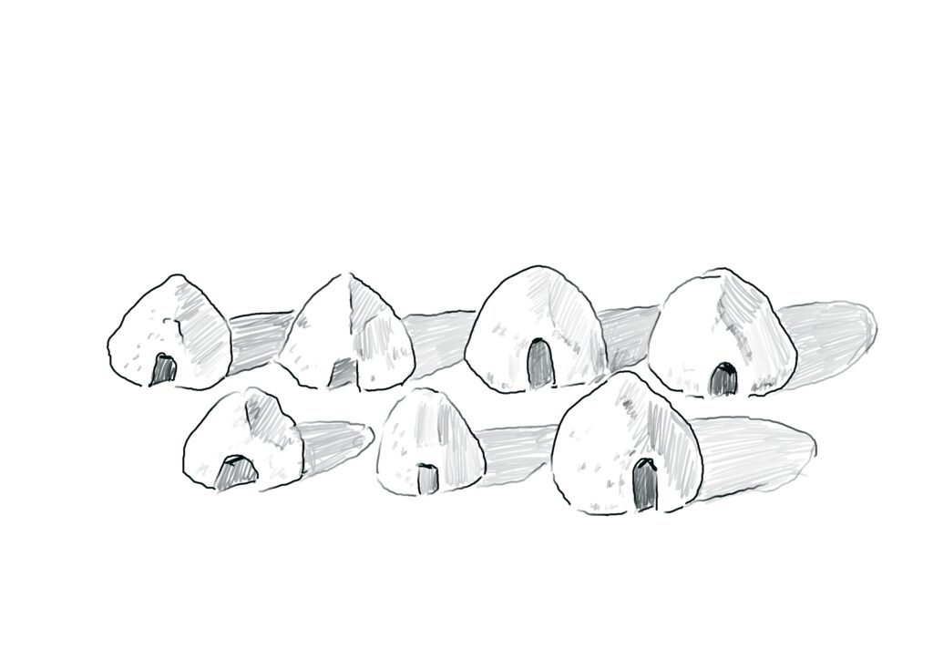 black and white drawing of huts