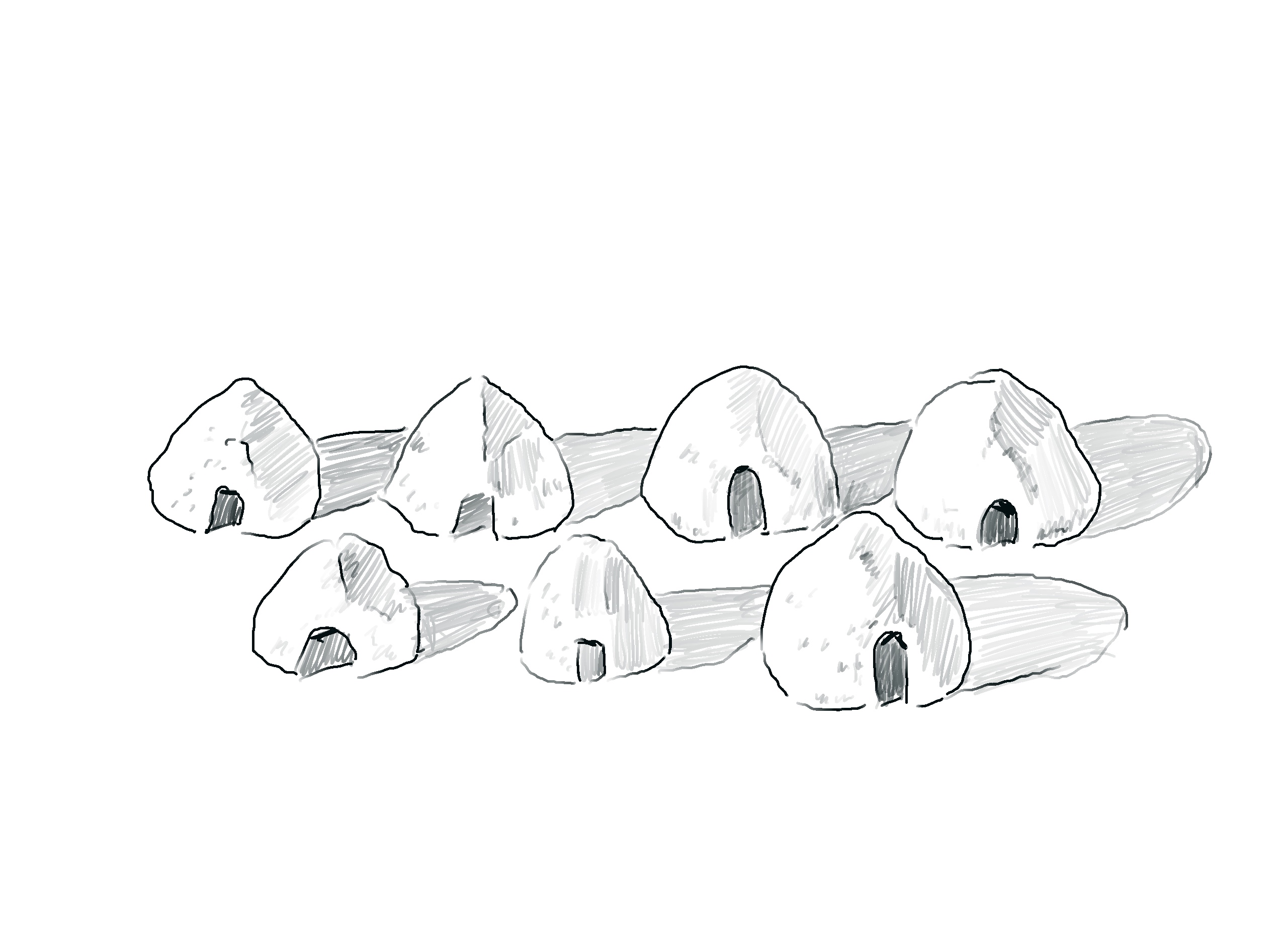 black and white drawing of huts