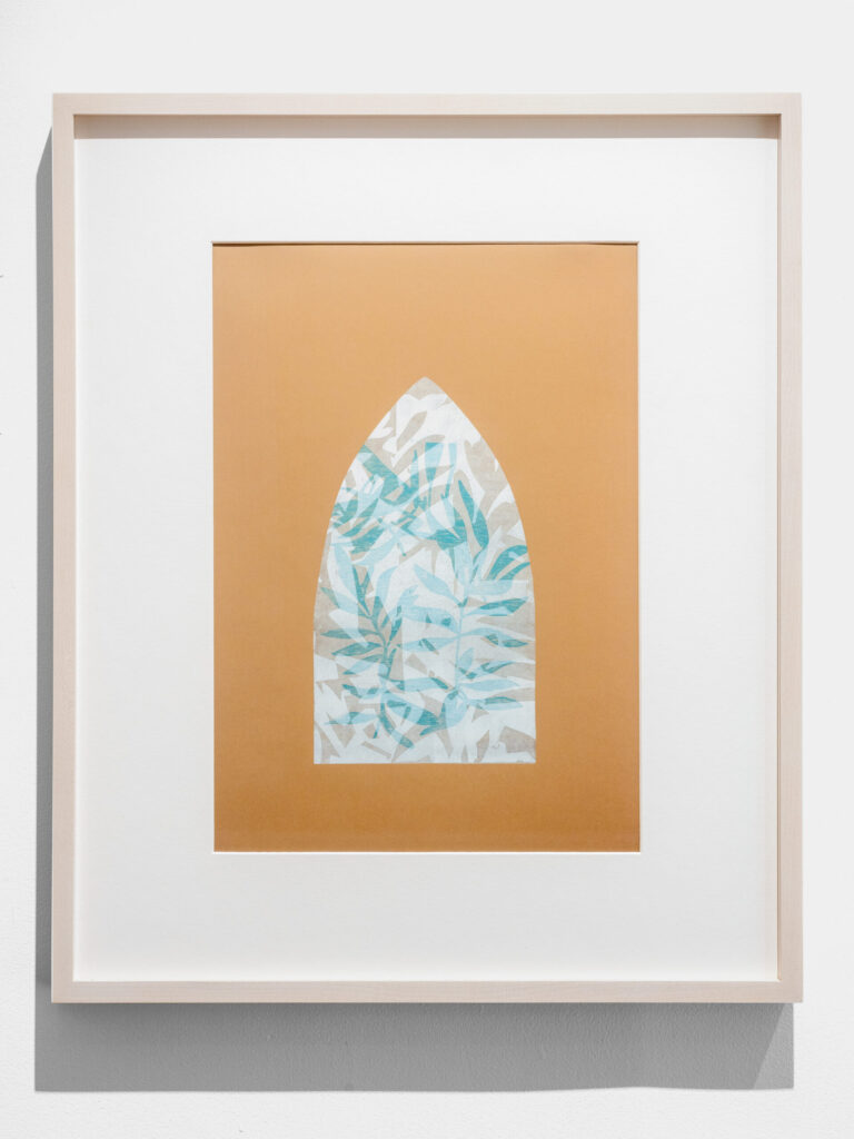 A digital print framed in blonde wood. There is a central shape of a church-like window with abstract plant-like imagery in shades of blue with a bronze-gold background color .