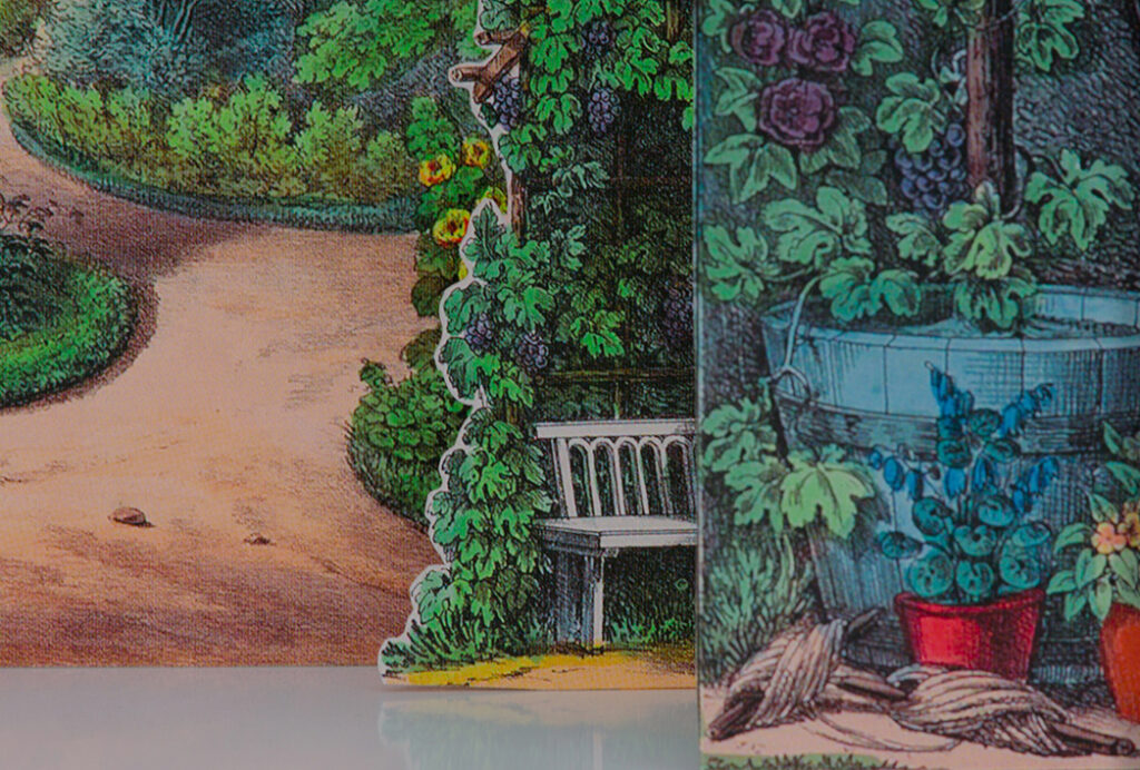 A paper theater set with foreground, midground, and background victorian style illustrations of manicured gardens.