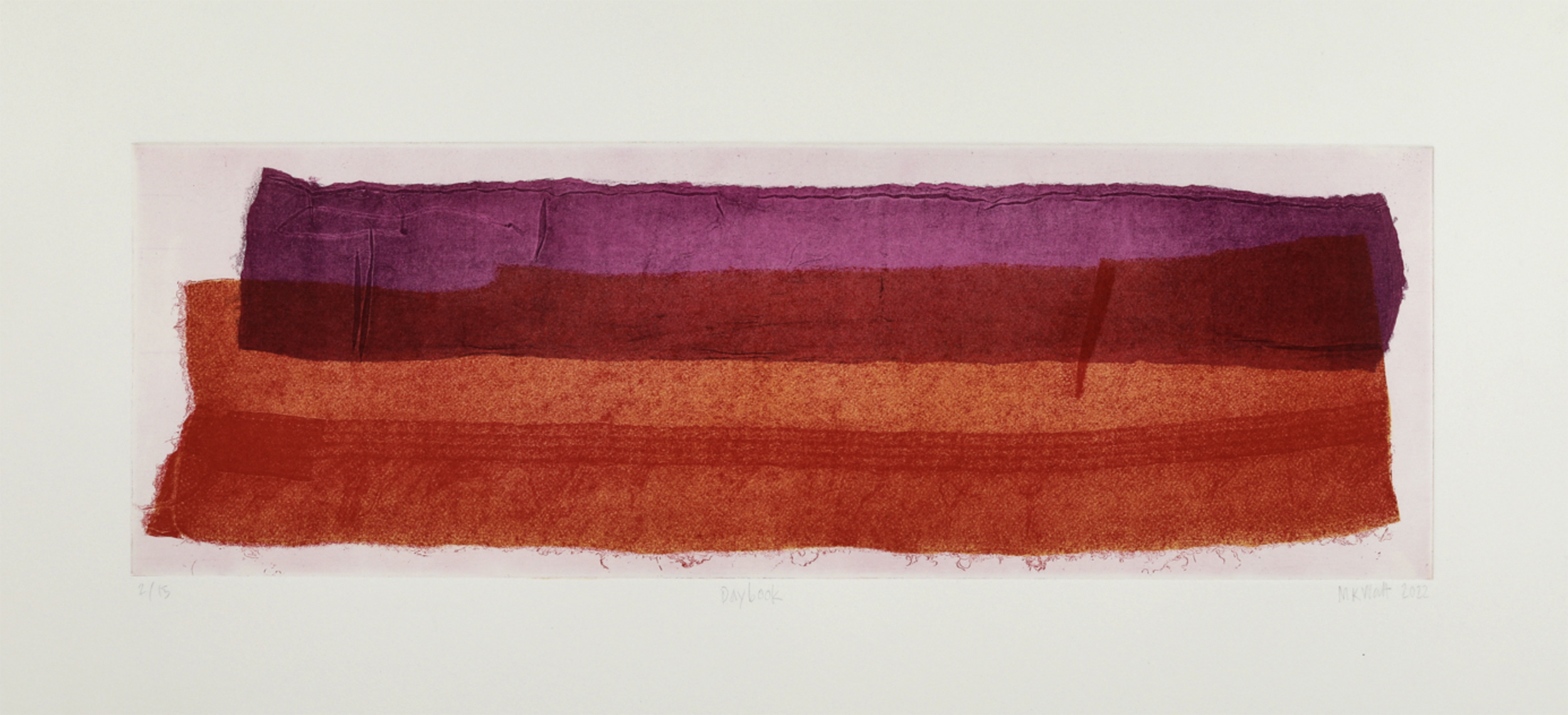 An artwork consisting of overlapping horizontal swatches of color. The top is purple and the bottom orange, with the overlapping space between the two a darker orange.