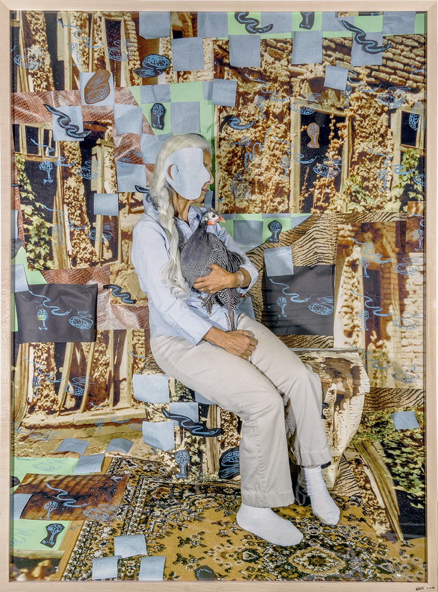 A woman with a white ponytail, face obscured by a sky-blue paper mask, holds a bluish-gray bird in one arm. The room is wildly decorated in golds, blues, and greens.