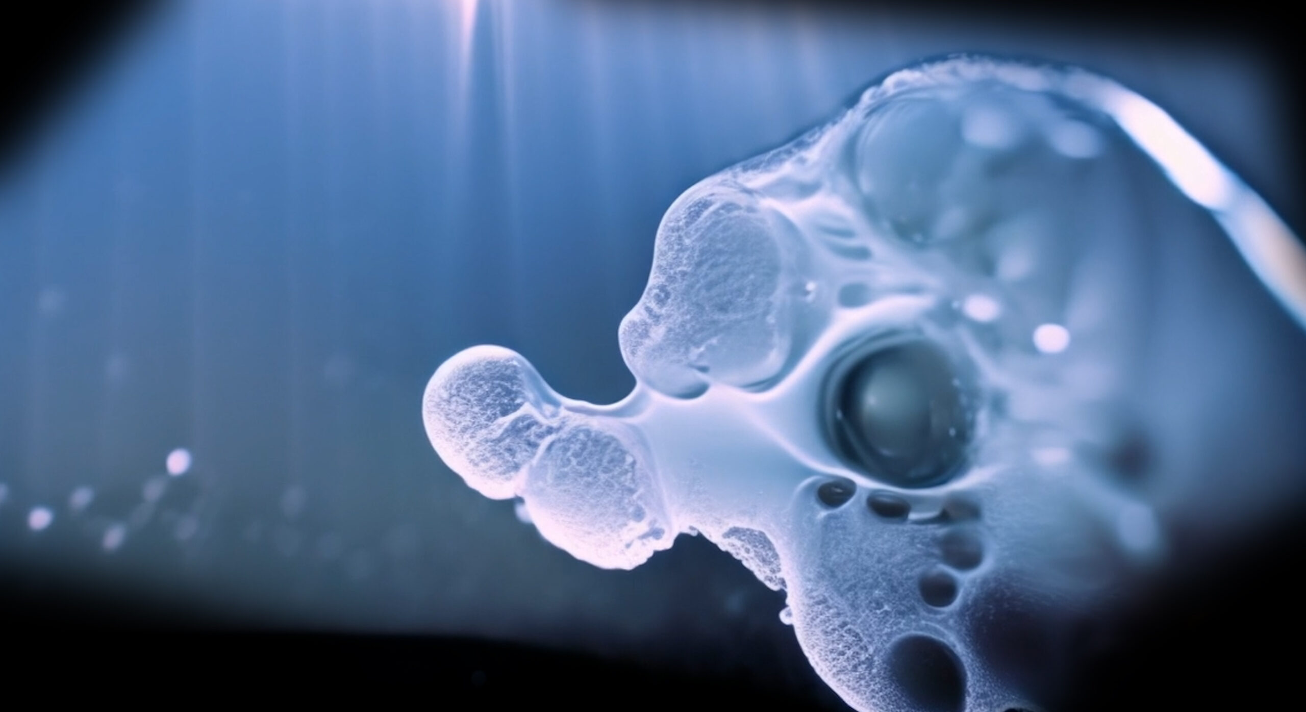 An organic white shape on a dark blue and unfocused background, reminiscent of an underwater scene with sunrays coming from above.