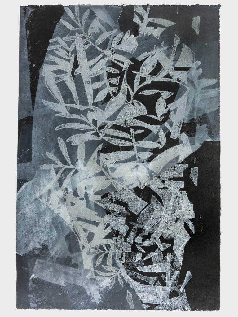 Abstract print of white botanical and geometric shapes over a black and gray textured background. Dense overlapping patterns create a sense of depth.