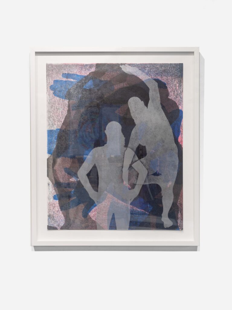 Self-portrait of the artists, rendered in gray, before a background of reds and deep purples. The bald and bearded Miller and Shellabarger are locked in what might be a dance.