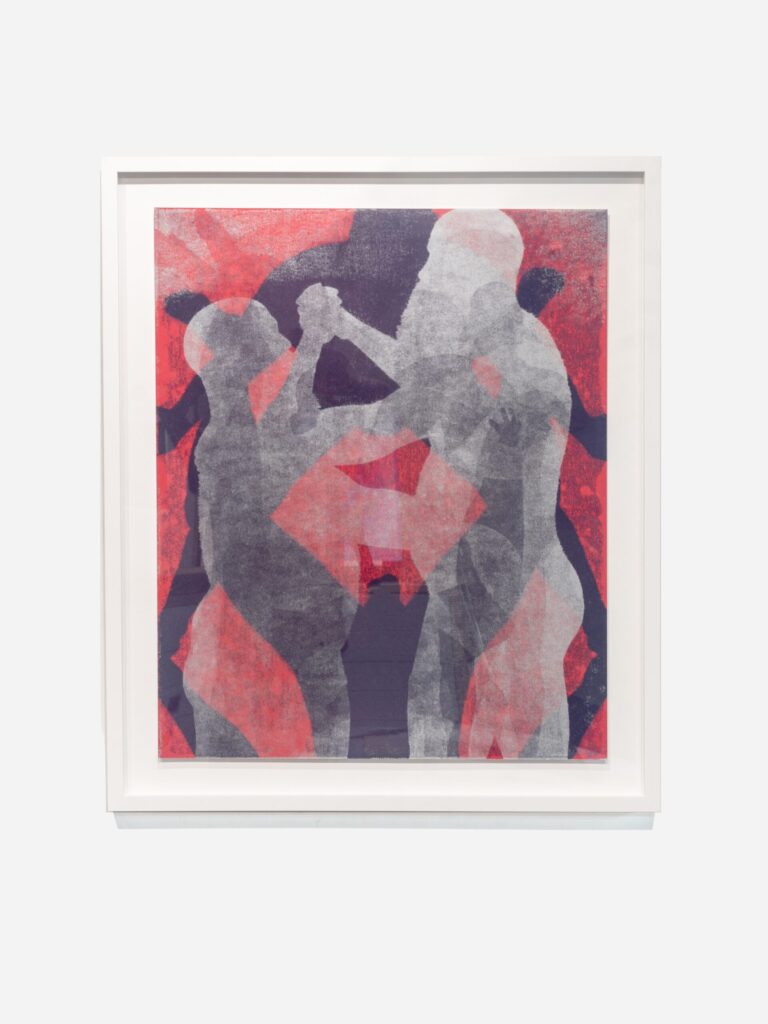 Self-portrait of two bald, bearded artists silhouetted in gray before an abstract background of blues, pinks, and darker grays. Shellabarger poses with hands on hips; Miller balances on one leg.
