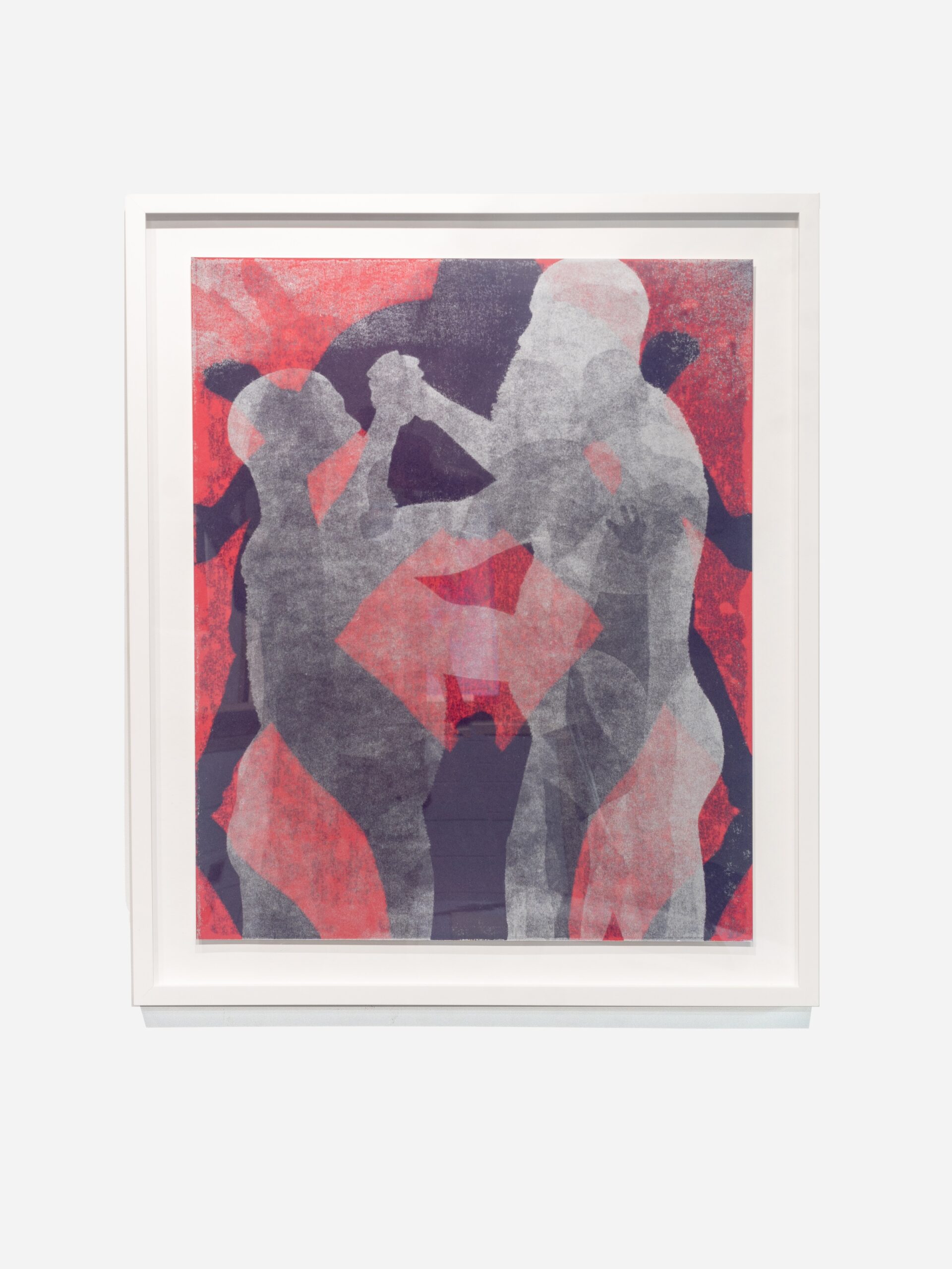 Self-portrait of two bald, bearded artists silhouetted in gray before an abstract background of blues, pinks, and darker grays. Shellabarger poses with hands on hips; Miller balances on one leg.