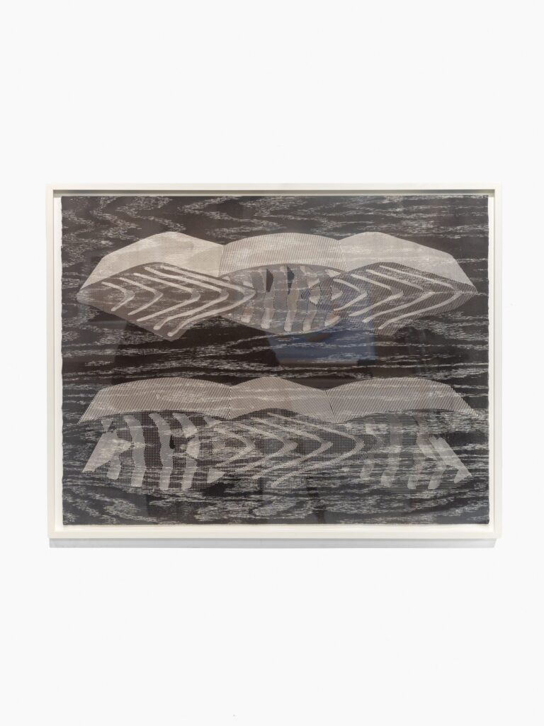 An abstract artwork of two horizontal geometric shapes covered in white waving lines and dots. Faded white lines cover the composition in pattern similar to wood.