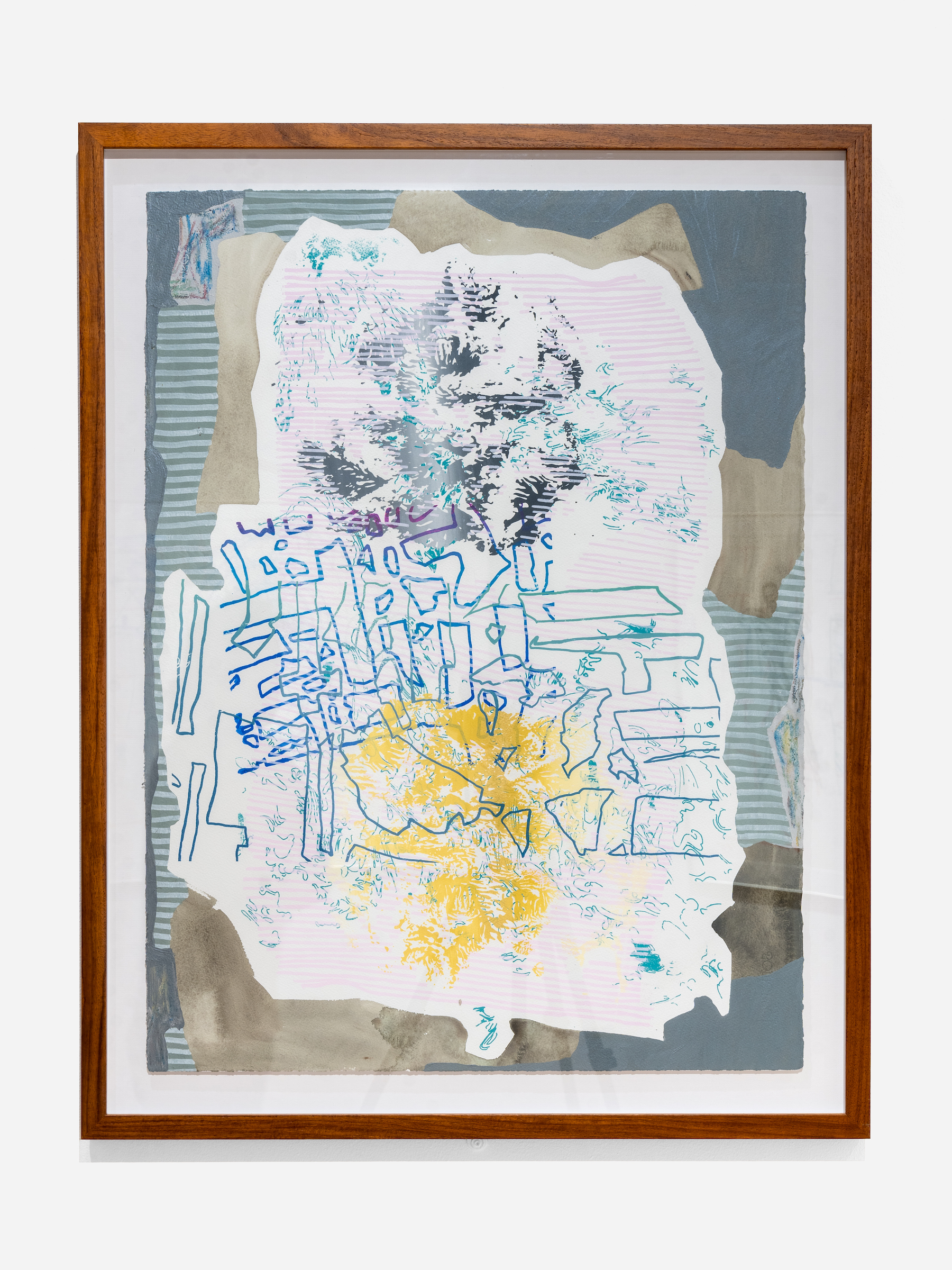 A framed abstract artwork layered with blue, grey, and white overlapping shapes. The white shape is filled with erratic marks of blue and green, pink stripes, and yellow brushstrokes.