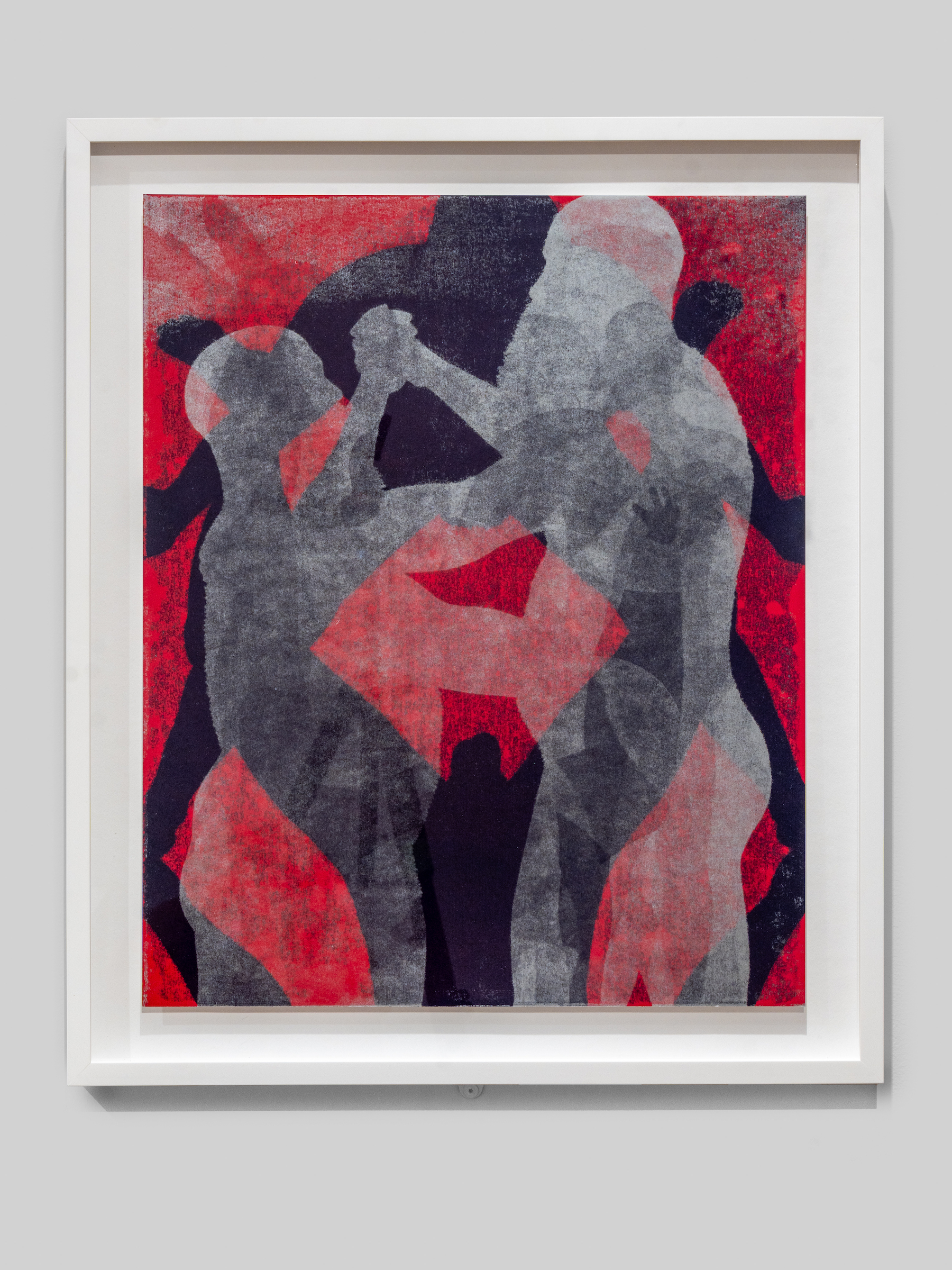 Self-portrait of the artists, rendered in gray, before a background of reds and deep purples. The bald and bearded Miller and Shellabarger are locked in what might be a dance.  