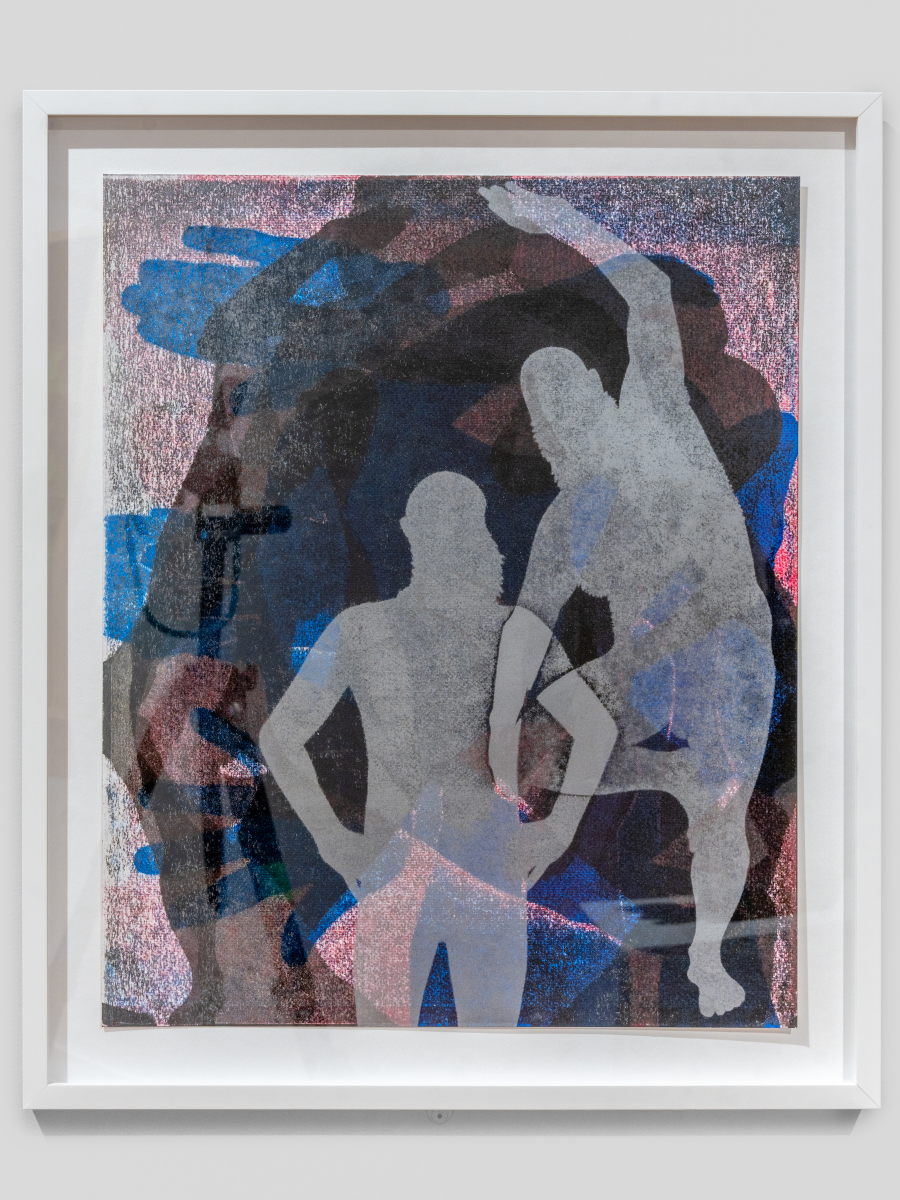 Self-portrait of two bald, bearded artists silhouetted in gray before an abstract background of blues, pinks, and darker grays. One poses with hands on hips; the other balances on one leg.