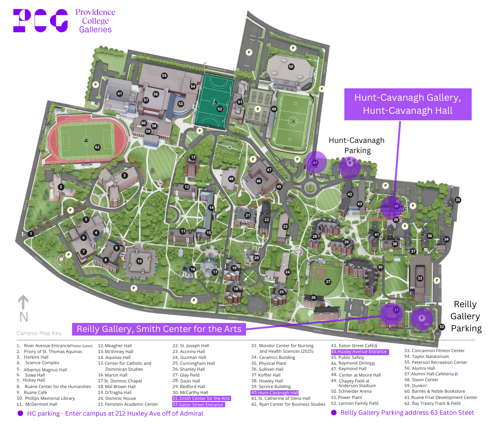 Map of the Providence College Campus highlighting the location of the Hunt-Cavanagh Gallery at Hunt-Cavanagh Hall