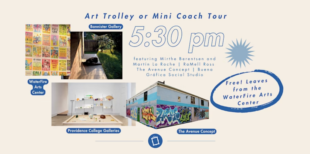 Colorful photographs of studio galleries on a beige background. Text reads ART TROLLEY OR MINI COUCH TOUR. FEATURING MIRTHE BERENTSEN AND MARTIN LA ROCHE. RAMELL ROSS. THE AVENUE CONCEPT. BUENA GRAFICA SOCIAL STUDIO.